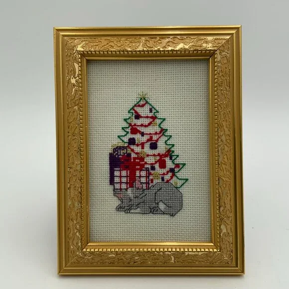 Holiday Cat Cross Stitch Framed Art, Christmas Tree, Presents 6" Tall x 5" Wide - Picture 2 of 4